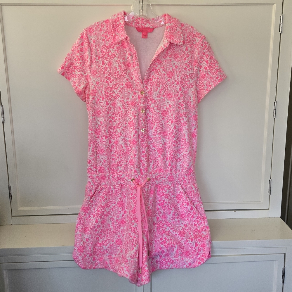 Lilly Pulitzer Hot Pink Floral Short Sleeve Romper with Drawstring